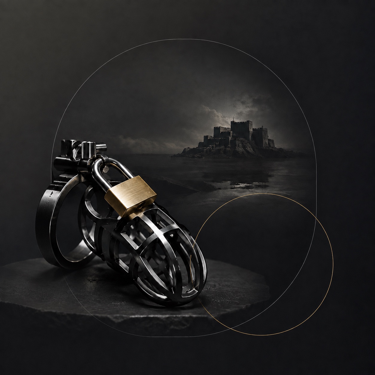 Black metal chastity cage secured with a brass padlock against a dark fortress backdrop
