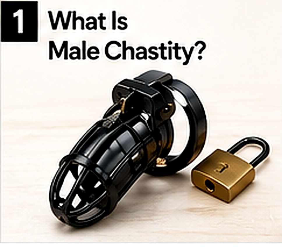 Open chastity cage and key arranged for a beginner guide to male chastity