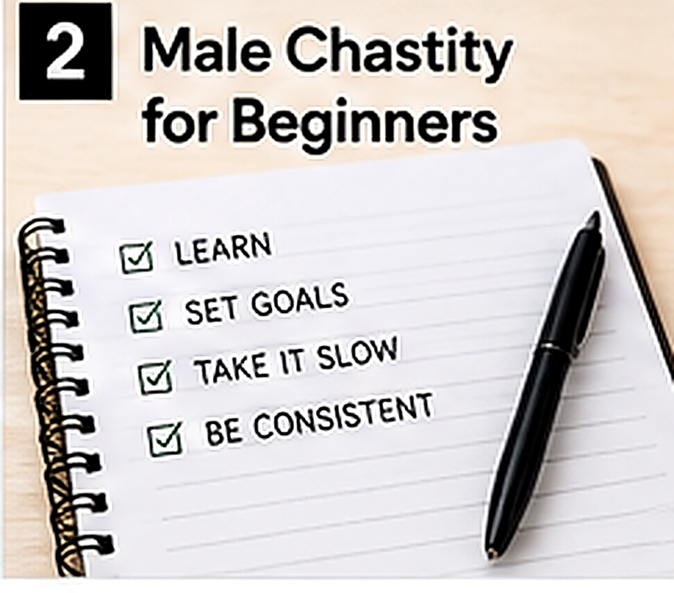 Unlocked cage, measuring tape and checklist for male chastity beginners