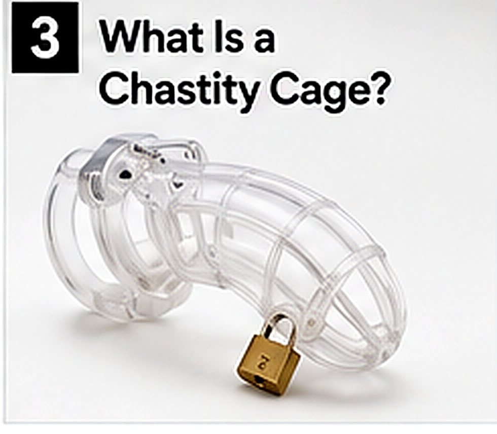 Base ring, cage body and lock shown as the main parts of a chastity cage