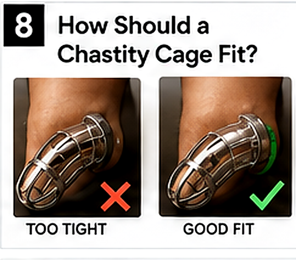 Fit-check indicators for a chastity cage ring, length, gap and movement