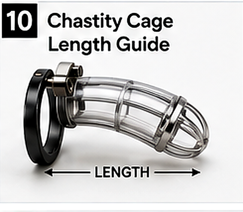 Three chastity cage lengths with arrows showing usable internal space