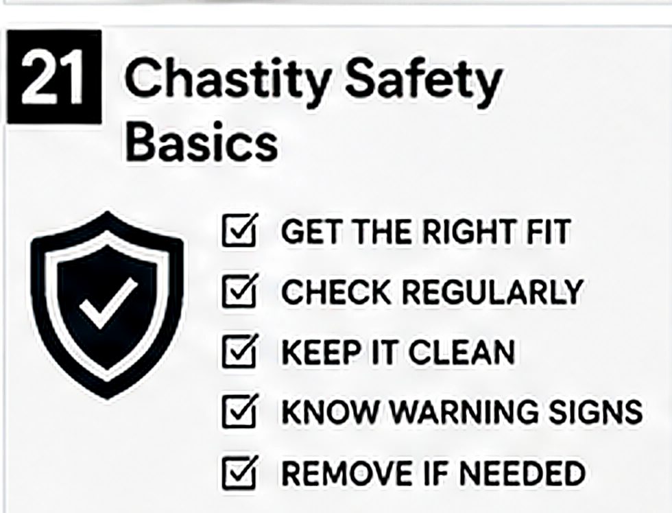 Fit, hygiene, emergency key and warning-sign icons for chastity safety