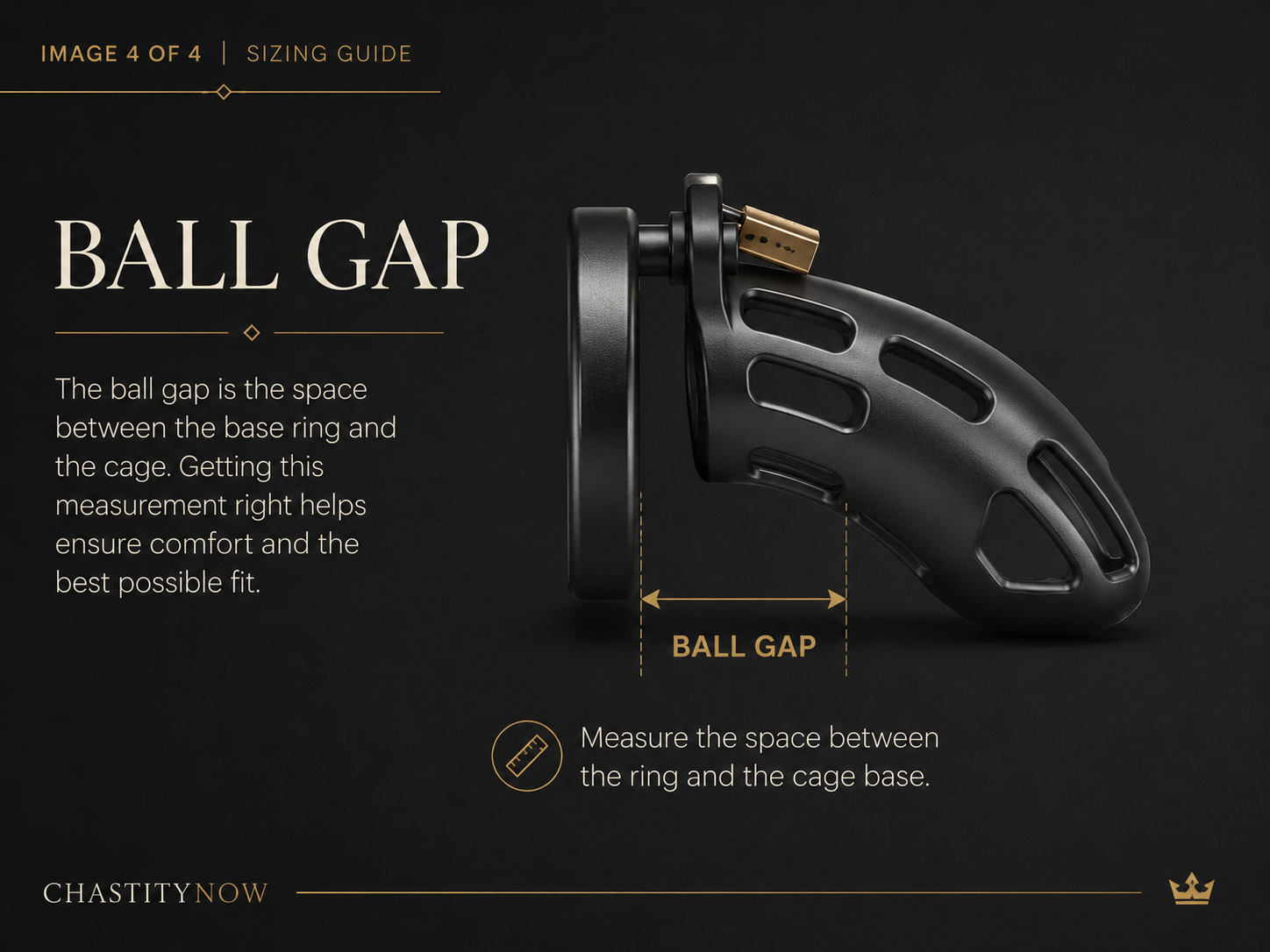 Chastity cage side profile marking the spacing between the base ring and rear of the cage