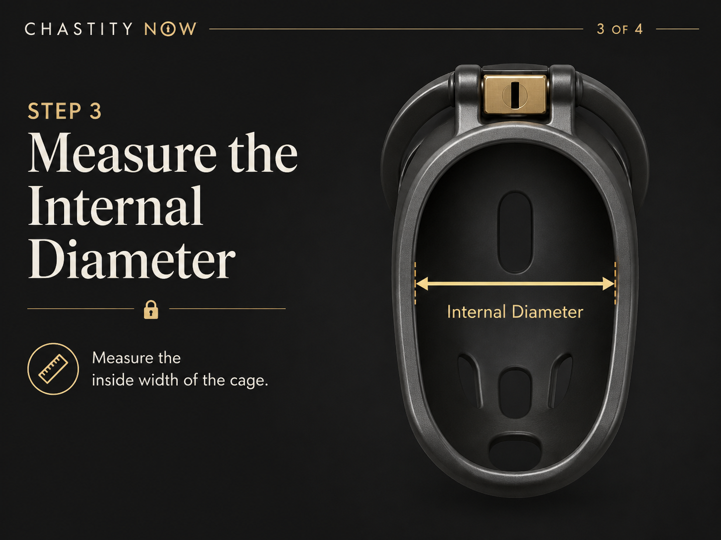 Front-view diagram showing where to measure the internal width of a chastity cage enclosure