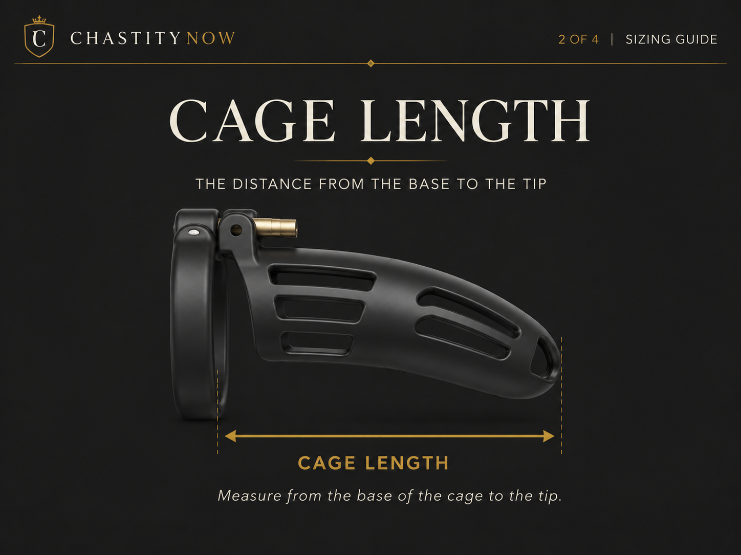 Chastity cage side profile with an arrow marking the length from base to tip