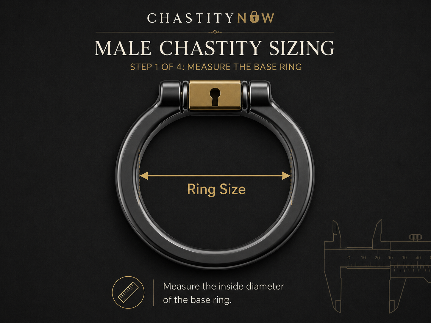 Chastity cage base ring with arrows marking the internal diameter used in ring-size calculations